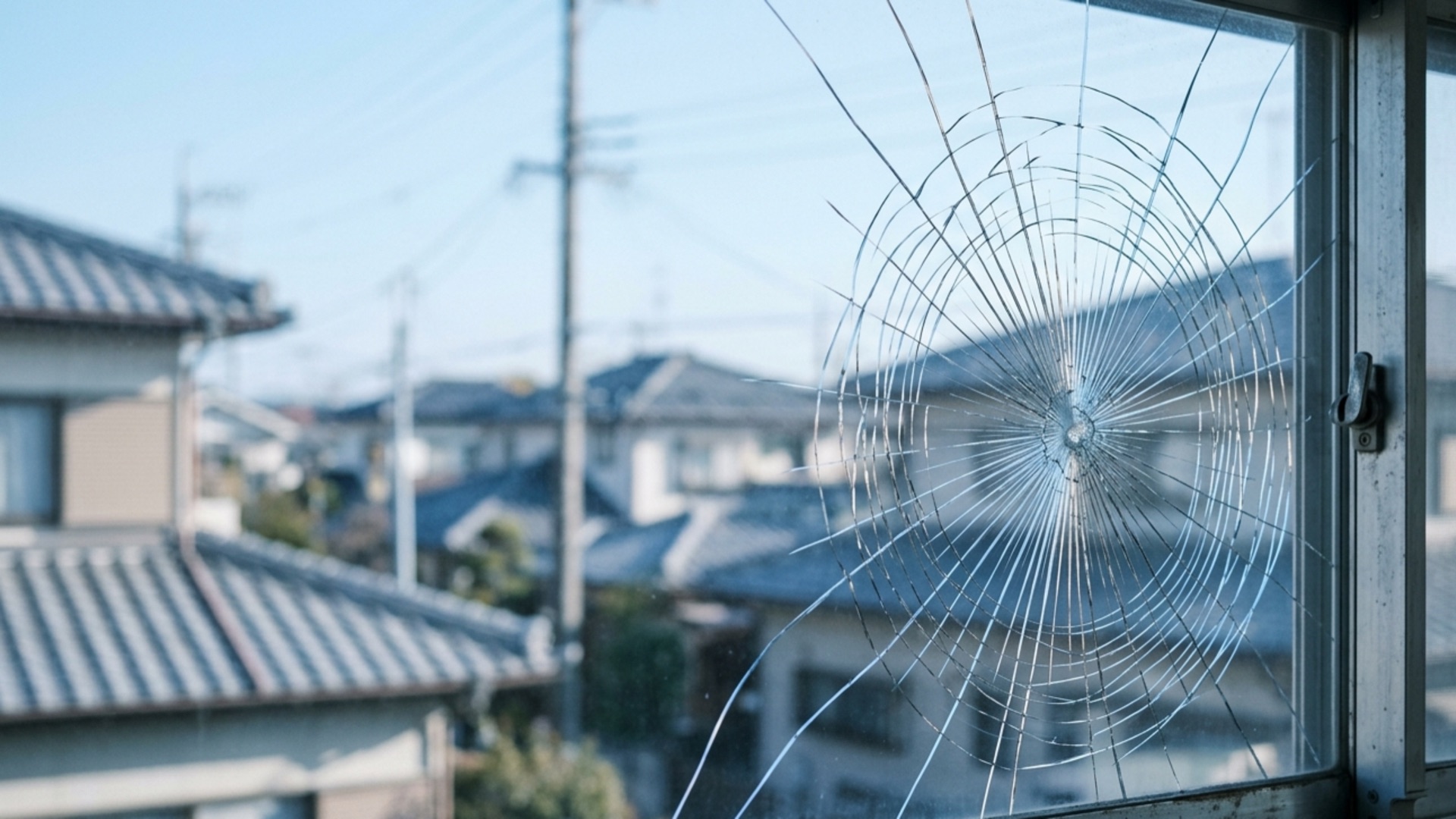 東京の住宅街を背景に、ひび割れた窓ガラス